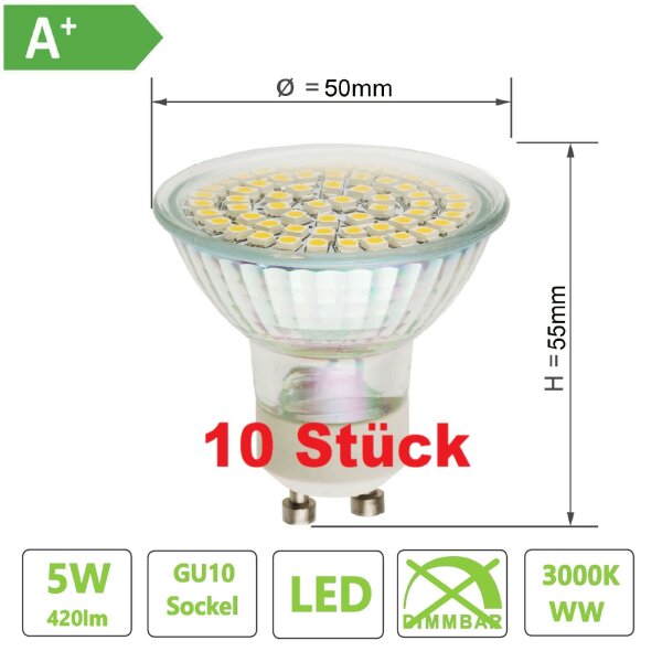 Hochwertige  GU10 LED Spot 5Watt Lampe 3000K 60° ersetzt 35W Hlg.